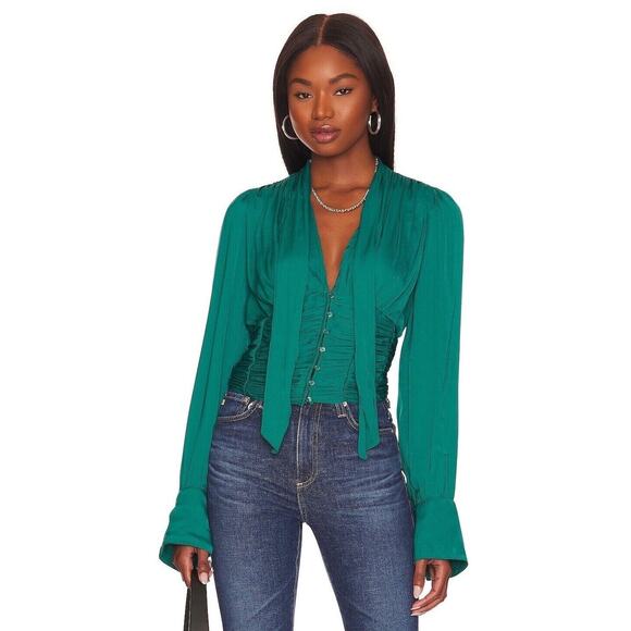 Free People Tops - Free People Meet Me There Button Down Cropped Blouse Green Balsam Size L New